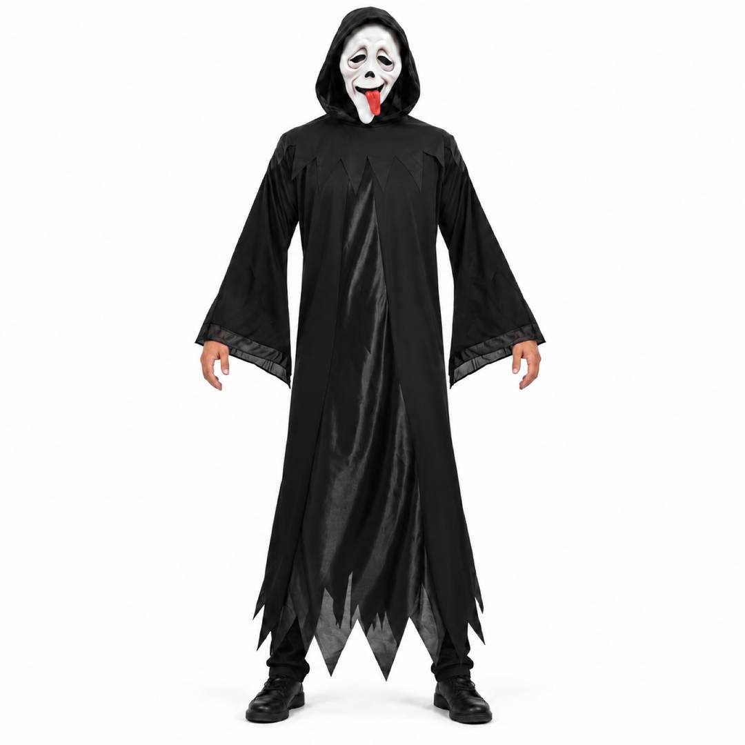 Ghost Mask & Black Hooded Robe | Halloween Villain Costume Set