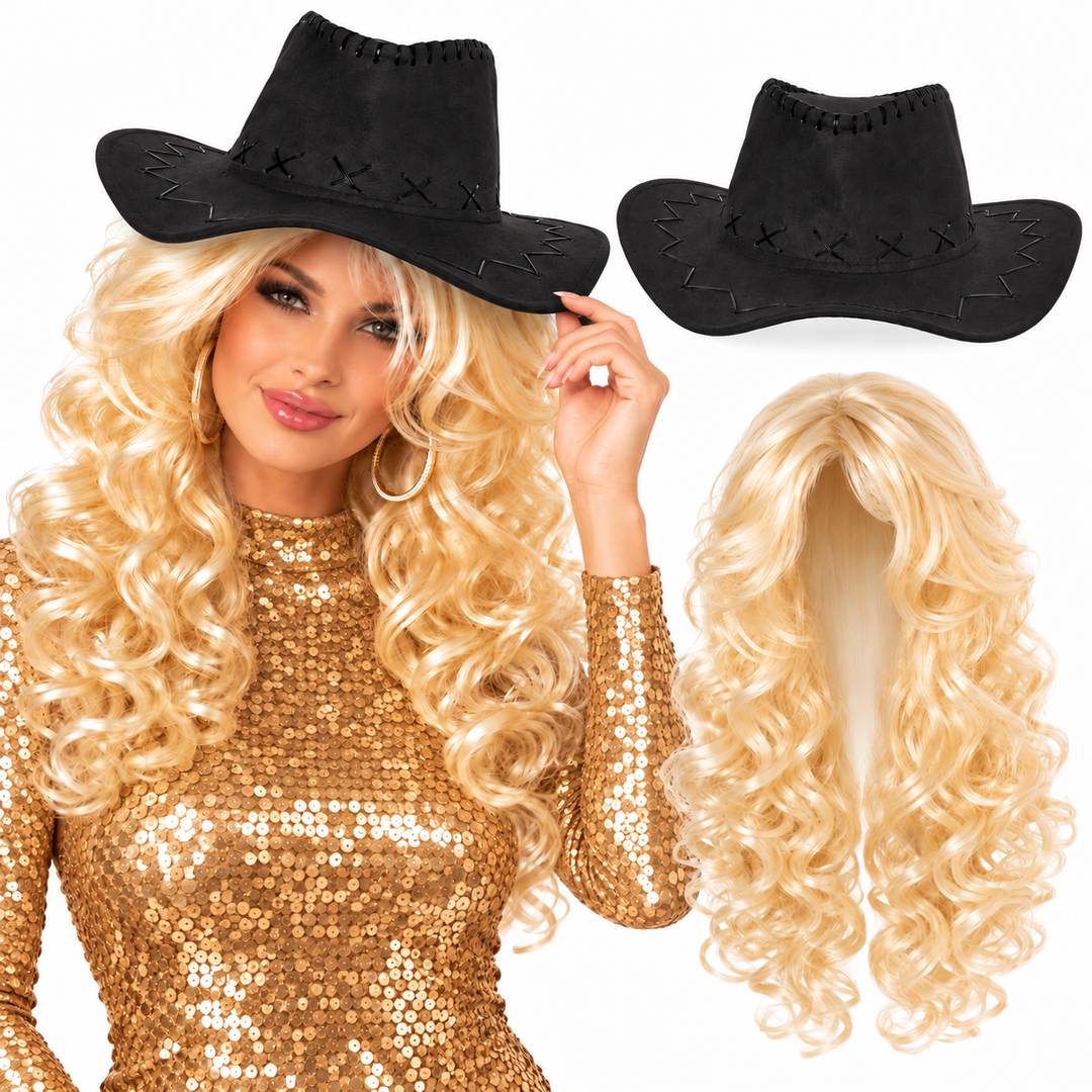 Adult Country Star Costume Set | Blonde Wig & Black Cowgirl Hat