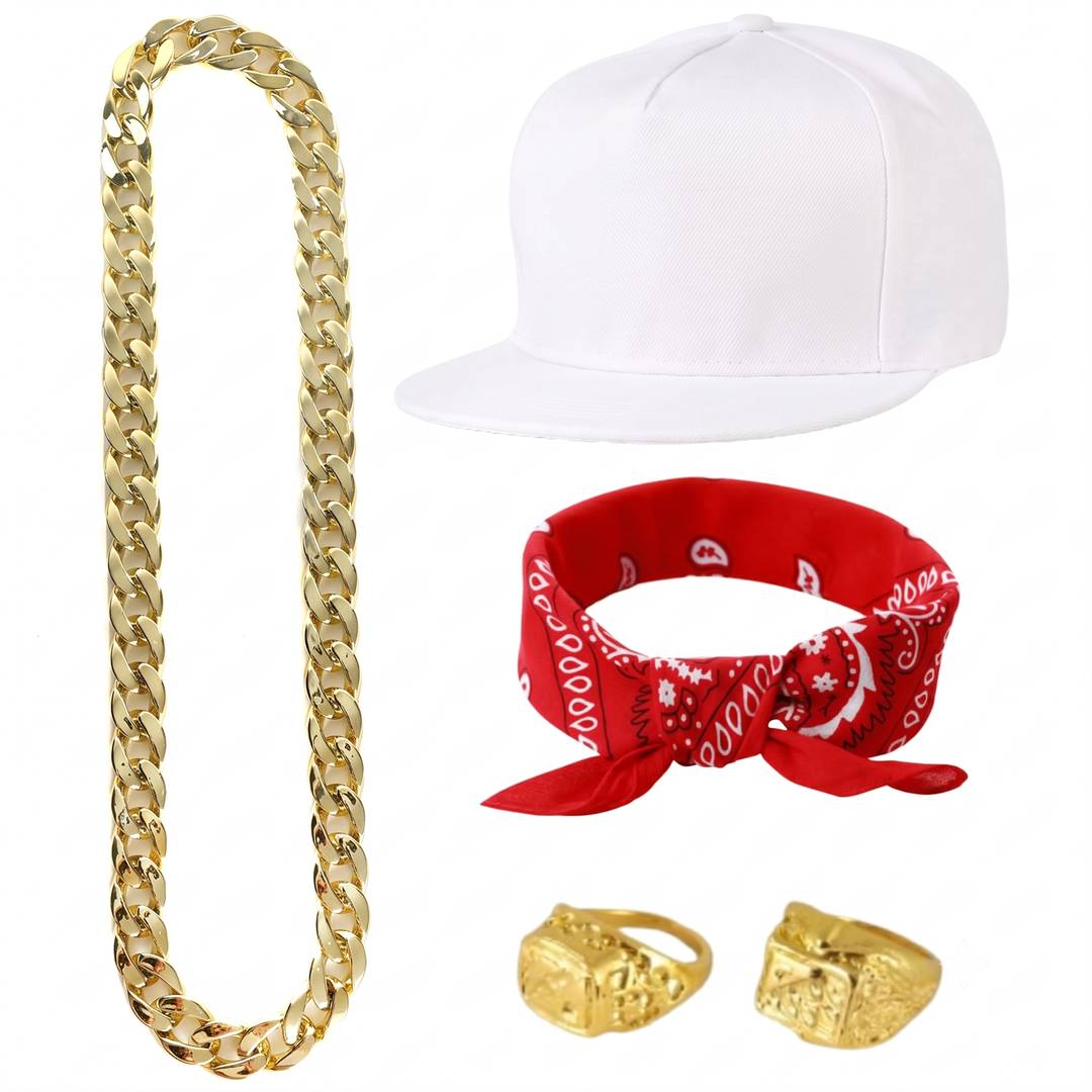 White Cap, Red Bandana, Gold Chain & Rings | Pop Star Fancy Dress Set