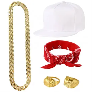 White Cap, Red Bandana, Gold Chain & Rings | Pop Star Fancy Dress Set