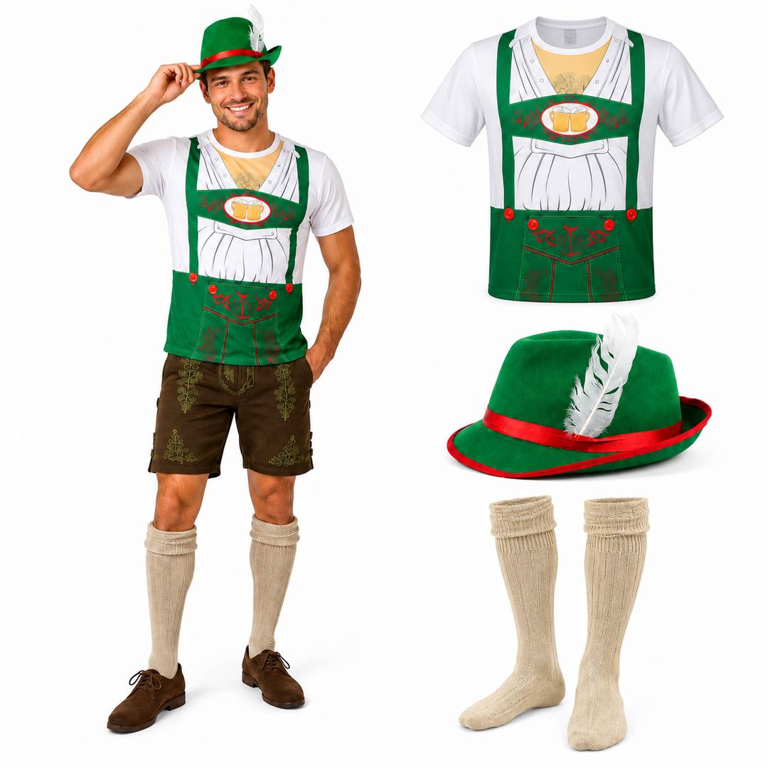 Mens Oktoberfest Bavarian Costume Set - T-Shirt, Hat & Kilt Socks