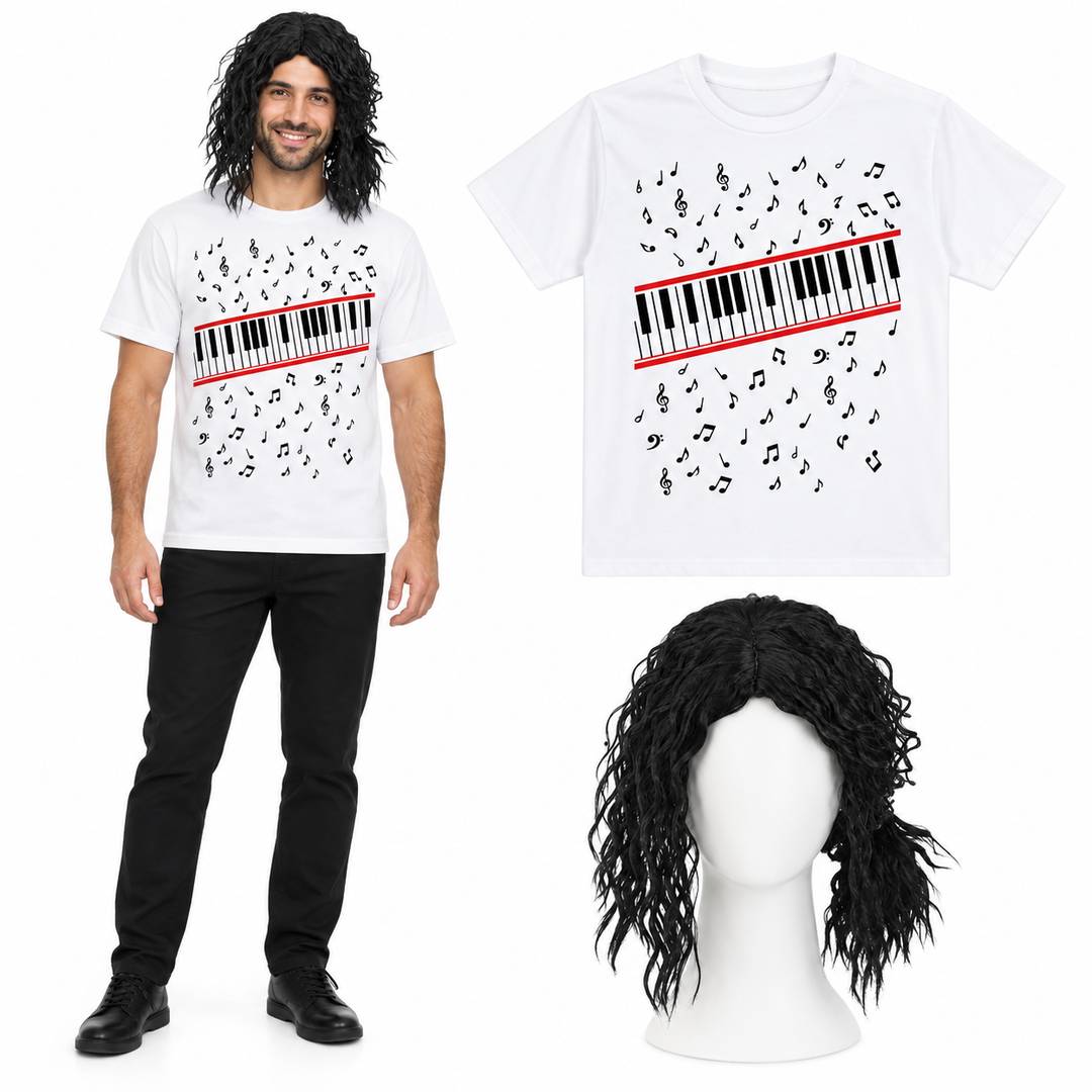 Adult 80s Pop Icon Costume | Piano Print T-Shirt & Crimped Wig Set