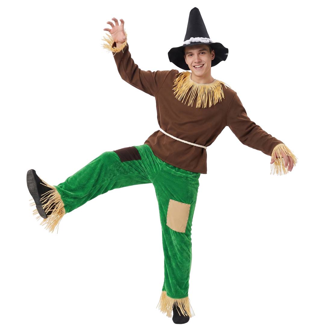 Adults Scarecrow Costume | 3 Piece Brown Straw Top Green Patchwork Trouser & Pointed Hat Outfit | Halloween & Book Day Fancy Dress