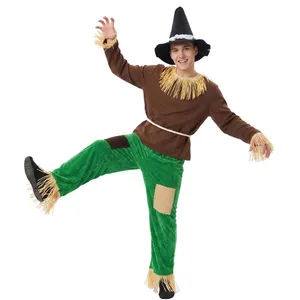 Adults Scarecrow Costume | 3 Piece Brown Straw Top Green Patchwork Trouser & Pointed Hat Outfit | Halloween & Book Day Fancy Dress