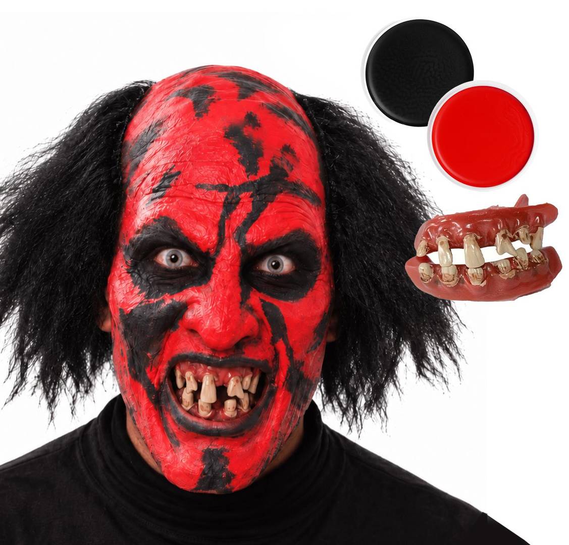 Adult Monster Makeup Set | Halloween Face Paint Wig Fake Teeth Bundle