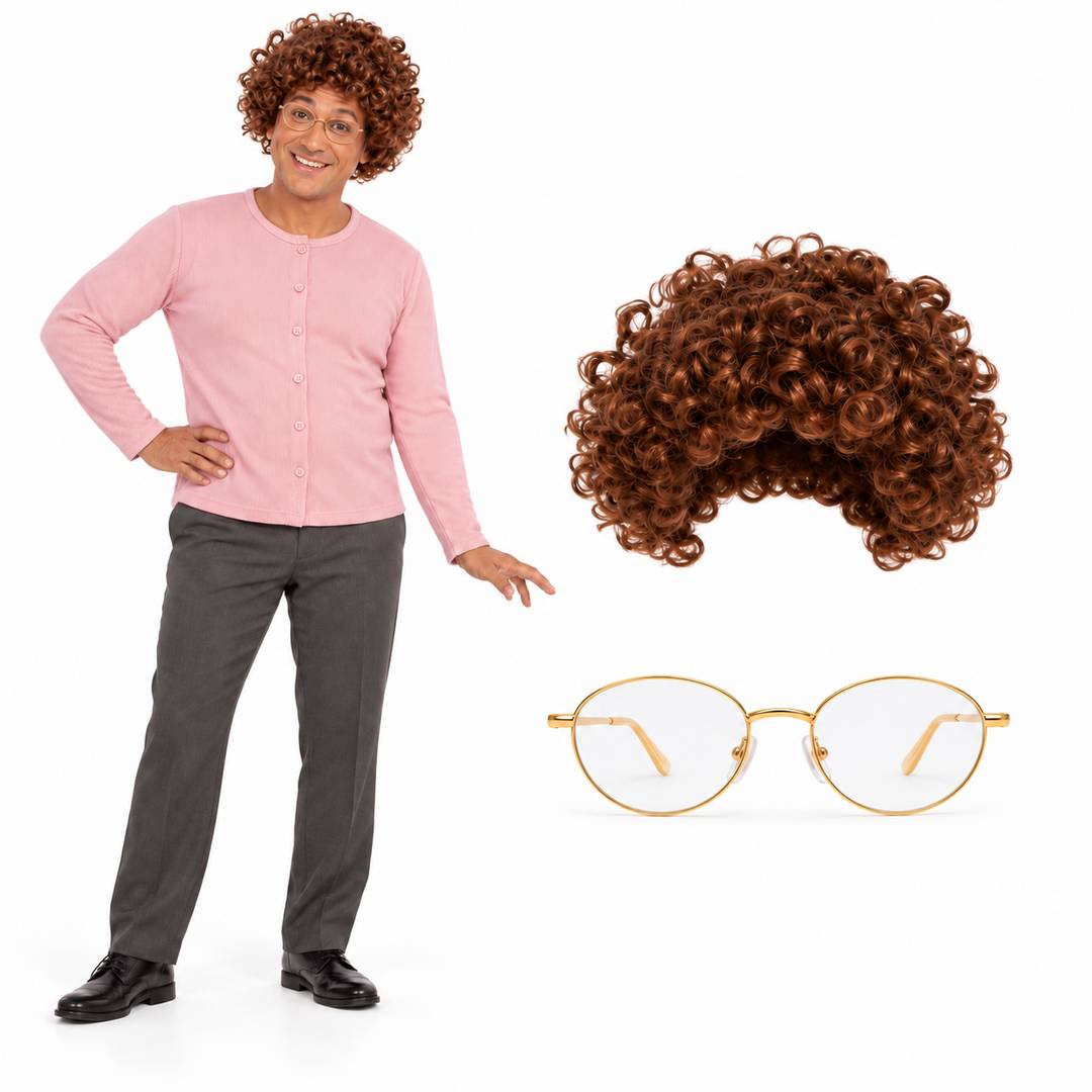 Adults Comedy Granny Costume Set | Pink Cardigan Wig Glasses