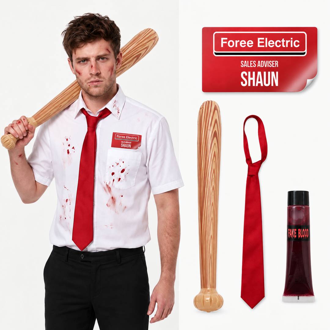 Adults Zombie Killer Costume Accessory Kit | 4 Pcs | Inflatable Baseball Bat, Red Tie, Name Badge & Fake Blood
