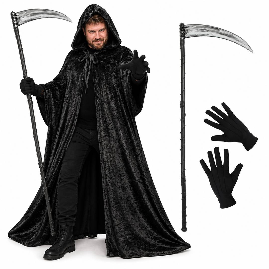Adult Grim Reaper Halloween Costume | Cape Scythe Gloves Set Black