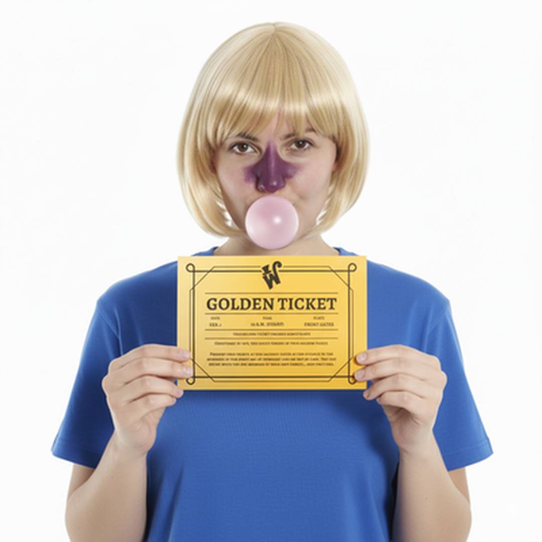Adult Golden Ticket Costume Set | World Book Day Fancy Dress Purple Wig