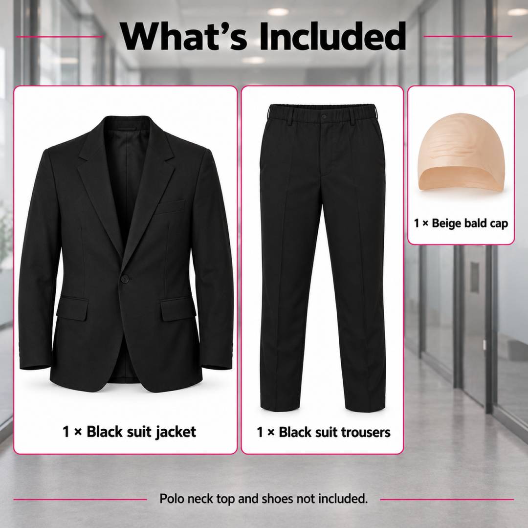 Mens Halloween Secret Agent Costume | Black Suit & Bald Cap Set | I ...