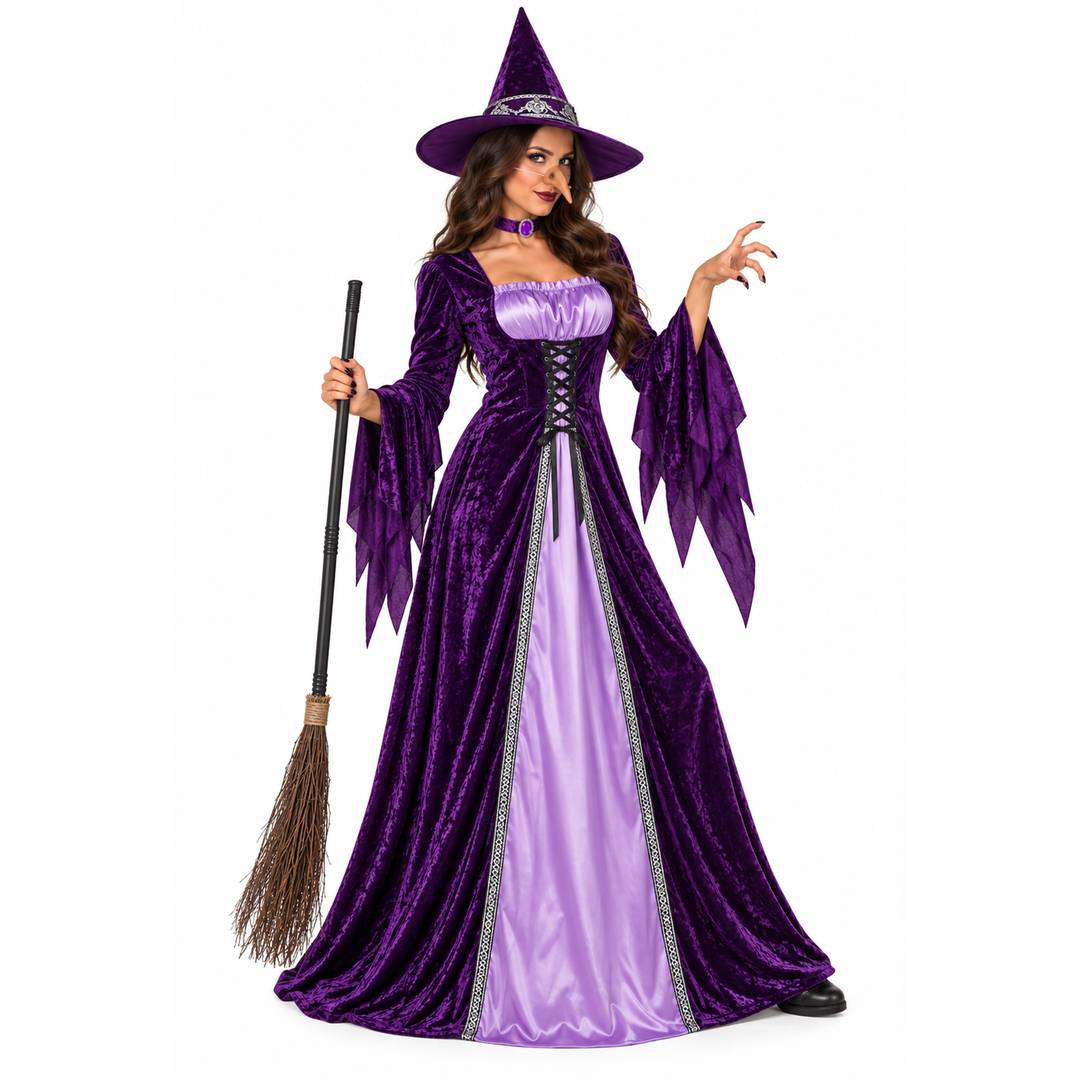 Adults Purple Witch Costume | Full Set Broom Nose Halloween