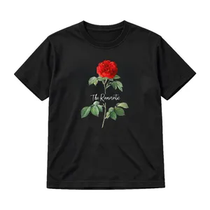 Adults The Romantic Classic Rose Black T-Shirt - Unisex Short Sleeve Cotton Graphic Tee with Red Rose Print - Womens Mens Concert Tour Music Fan Gift Top