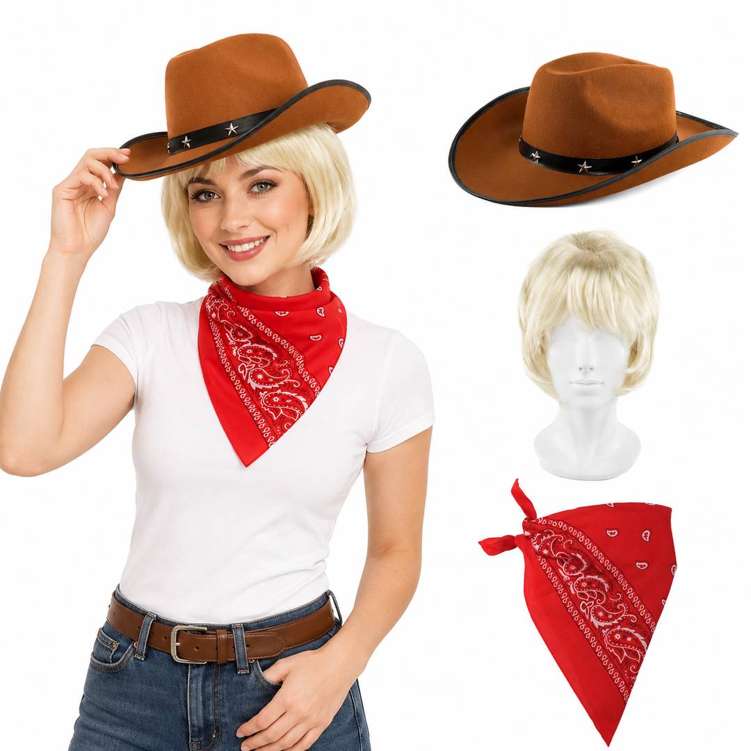 Adult Country Singer Costume | Blonde Wig Cowboy Hat Bandana Set