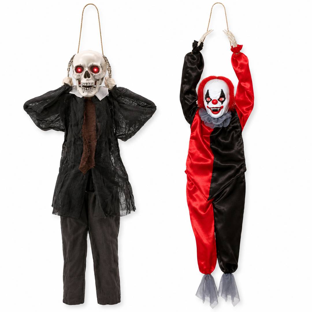 Halloween Hanging Clown & Skull Props | Animated 2 Pack Decorations