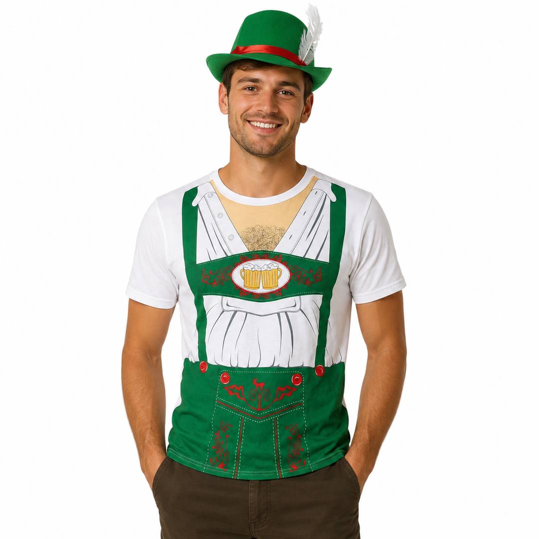 Mens Oktoberfest Costume Set - Green Bavarian T-Shirt and Feather Hat