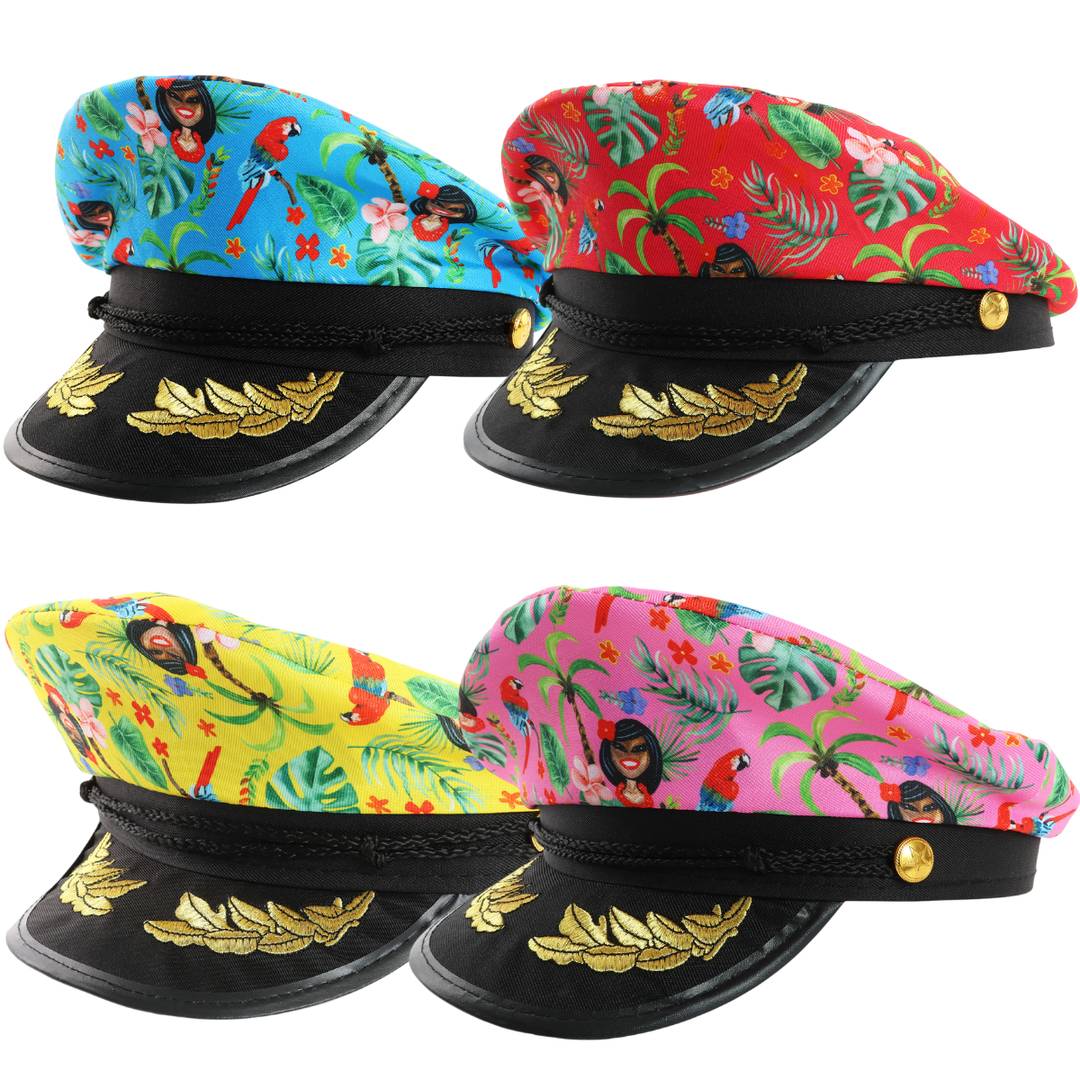 Adults 4 Pack Hawaiian Sailor Hats | Pink, Blue, Yellow & Red Captain Caps | 100% Polyester