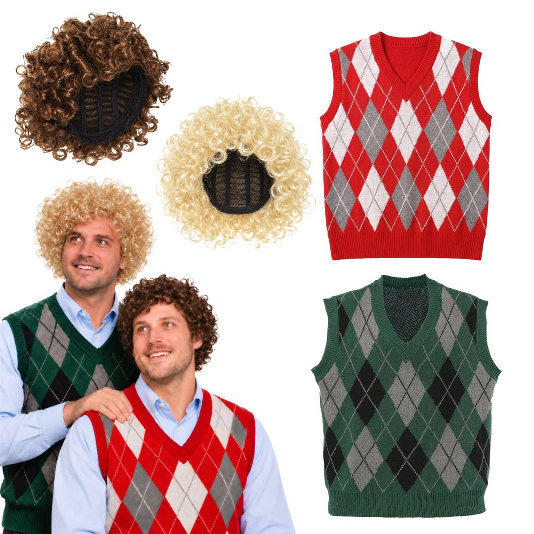 Adult Comedy Step Brothers Duo Costume | Halloween Sweater Vests Afro Wigs