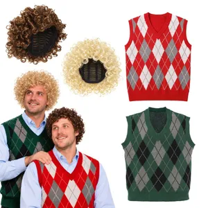 Adult Comedy Step Brothers Duo Costume | Halloween Sweater Vests Afro Wigs