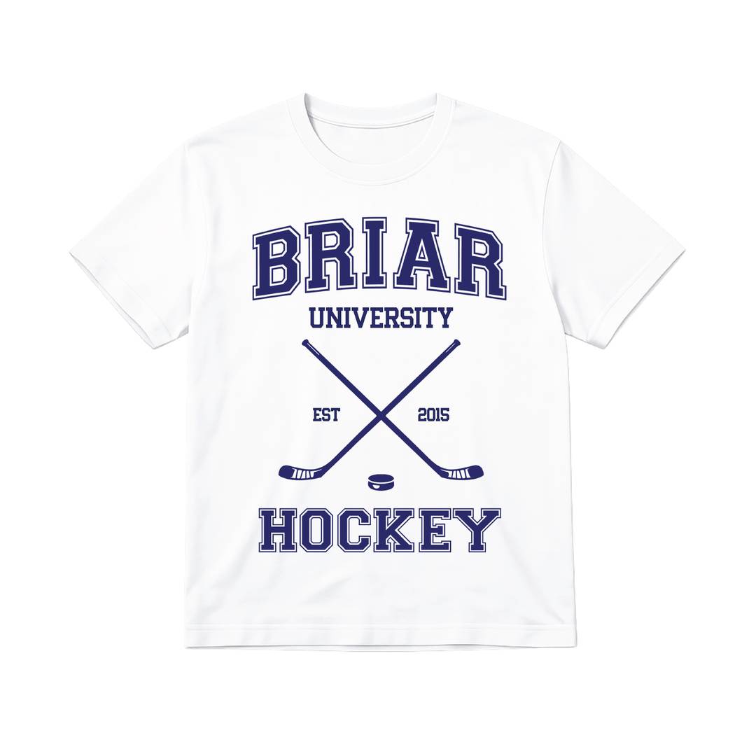 Adults Briar University Hockey White T-Shirt | Unisex Cotton Varsity Fan Tee with Collegiate Team Print Book Reader Party Top