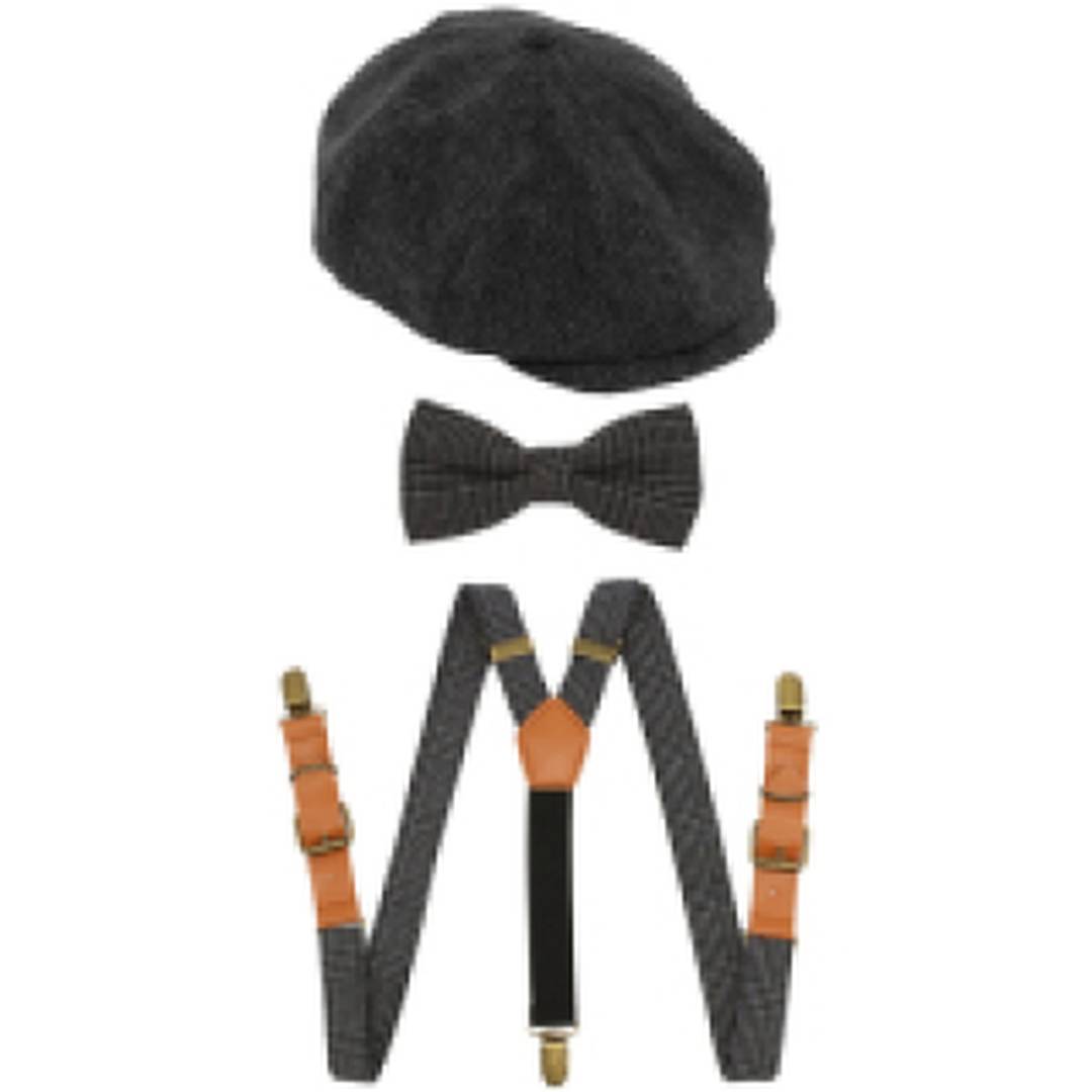 Adults Grey Flat Cap with Tweed Braces and Bow Tie