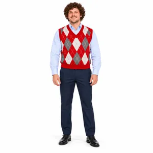 Mens Red Sweater Vest Afro Wig Costume | Halloween Comedy Fancy Dress Outfit