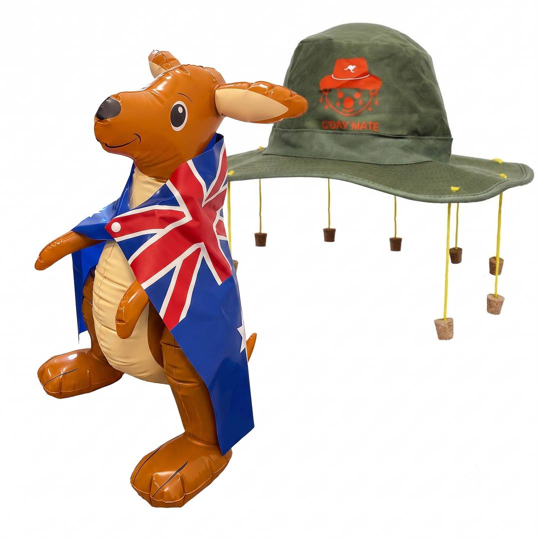 Australian Cork Hat & Inflatable Kangaroo | Australia Day | Fancy Dress Set