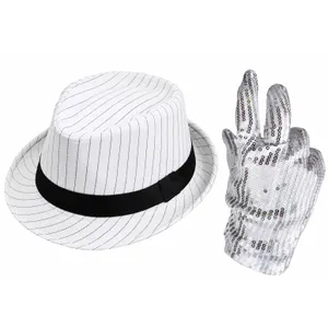 Adults Pinstripe Gangster Hat & Sequin Glove Set | Halloween Costume