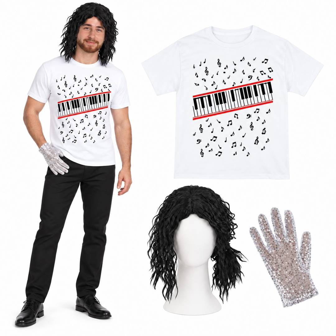 Adult 80s Pop Icon Costume | Piano Tee, Wig & Sequin Glove Set