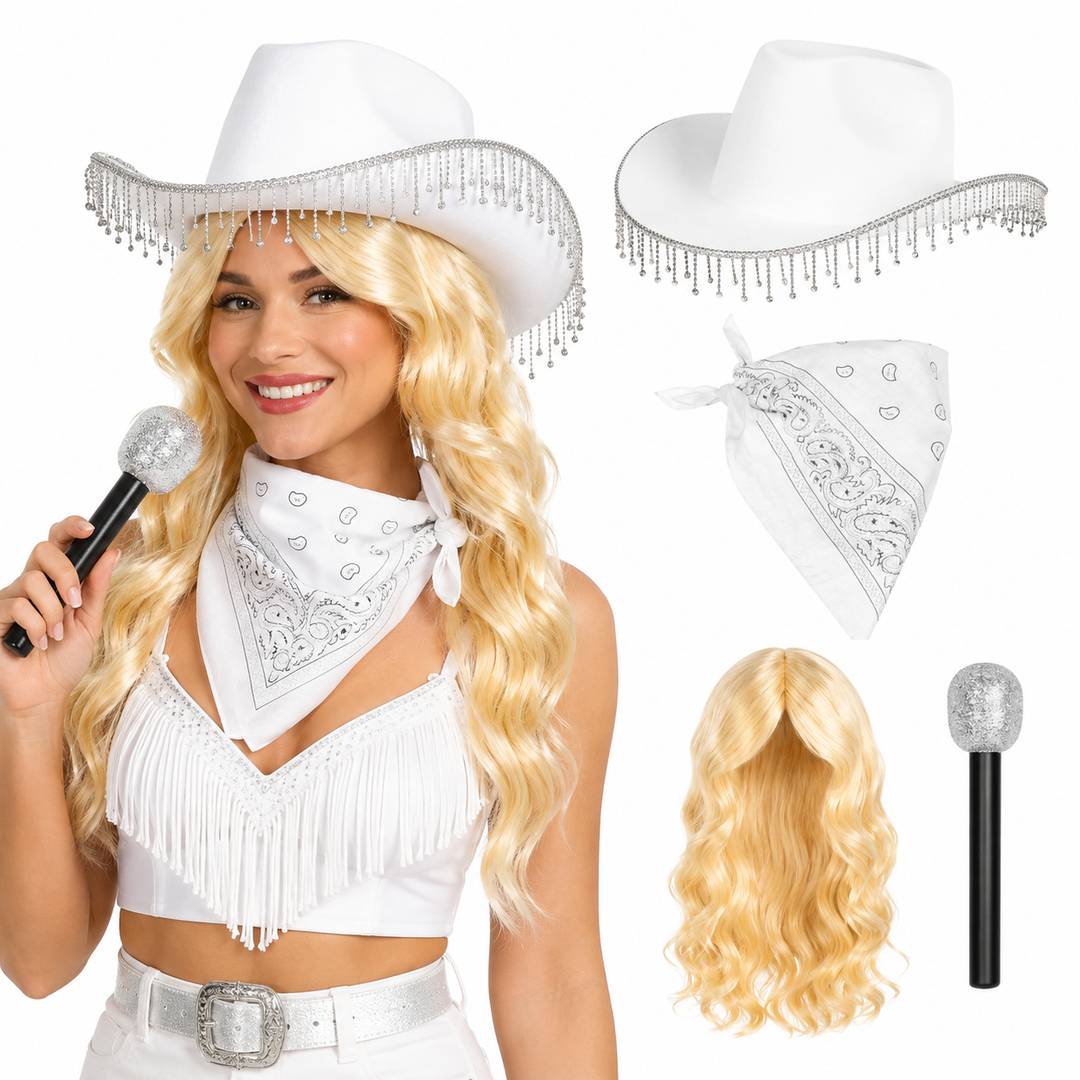 Country Singer Costume Set | Blonde Wig White Hat Bandana Mic