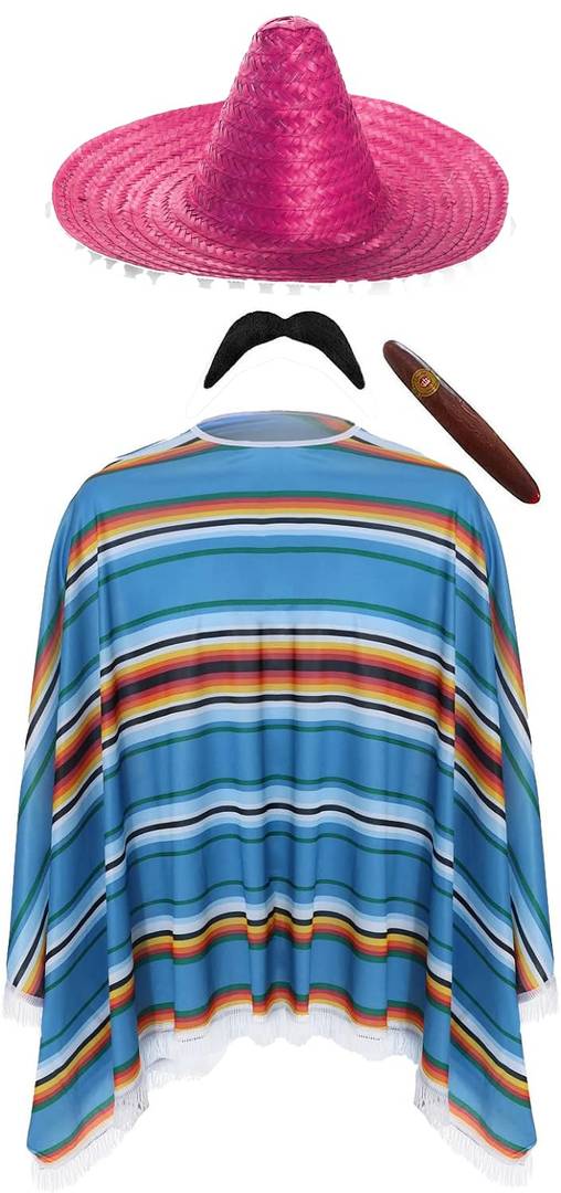 Adults Mexican Costume | 4 Piece Set with Poncho, Sombrero, Moustache & Cigar | Pom Pom Sombrero in 8 Colours