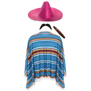 Adults Mexican Costume | 4 Piece Set with Poncho, Sombrero, Moustache & Cigar | Pom Pom Sombrero in 8 Colours