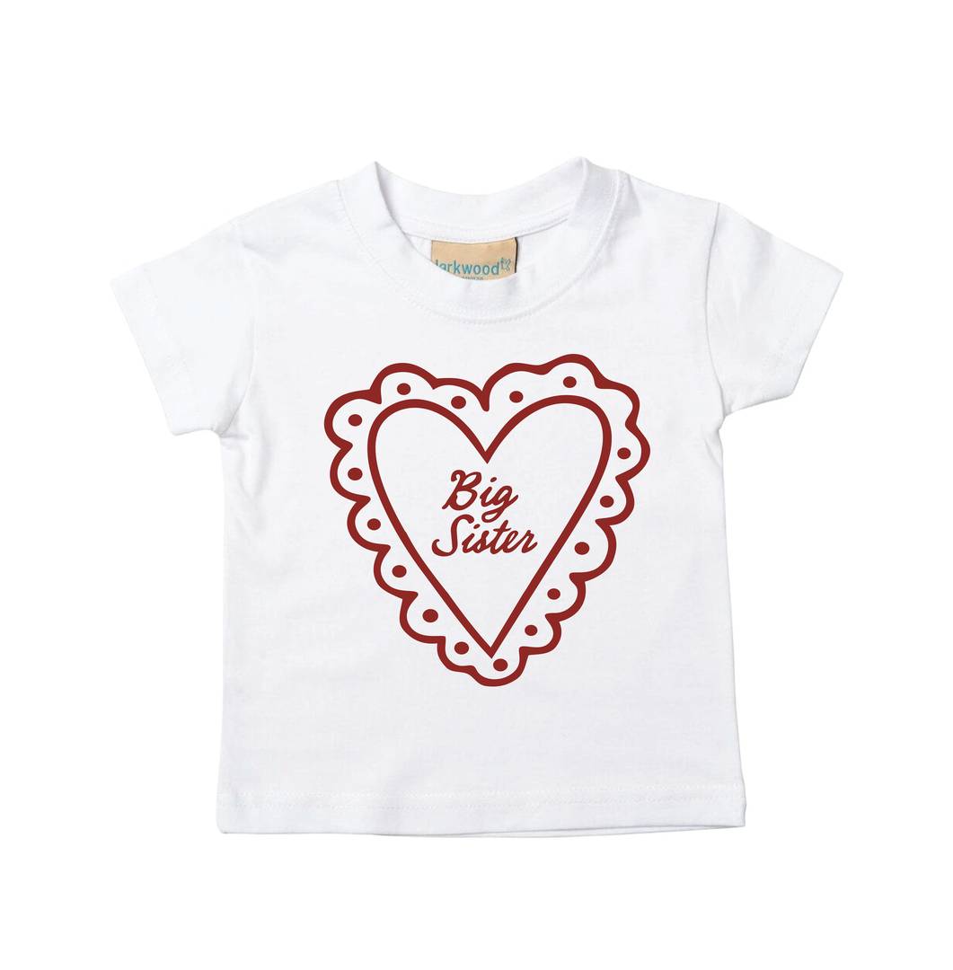 Girls Big Sister Heart Print T-Shirt | White Sibling Reveal Tee