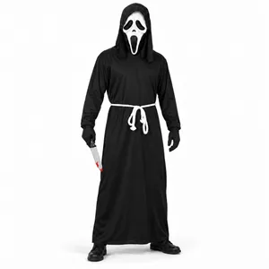 Adults Ghost Killer Halloween Costume | Black Robe Mask Knife