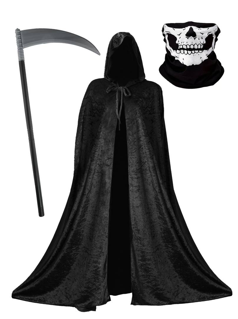 Adult Grim Reaper Costume Set | Halloween Cape, Snood & Scythe