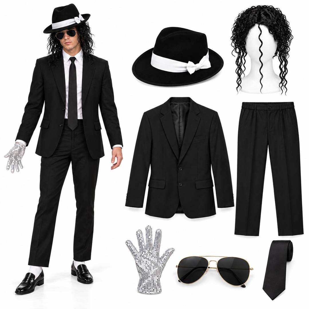 Adults King of Pop Halloween Costume | Suit, Hat, Glove, Wig