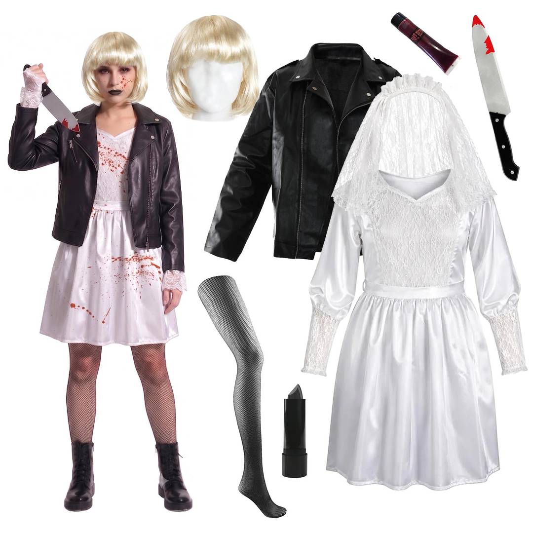 Ladies Killer Doll Bride Halloween Costume | 7 Piece Set | Wedding Dress, Leather-Look Jacket, Blonde Bob Wig, Fishnet Tights & Fake Blood