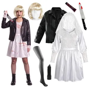 Ladies Killer Doll Bride Halloween Costume | 7 Piece Set | Wedding Dress, Leather-Look Jacket, Blonde Bob Wig, Fishnet Tights & Fake Blood
