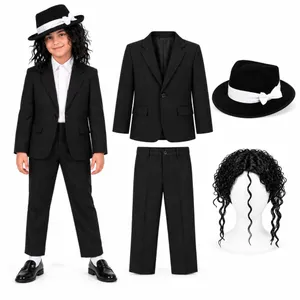 Kids Halloween King of Pop Costume | Black Suit Hat Wig