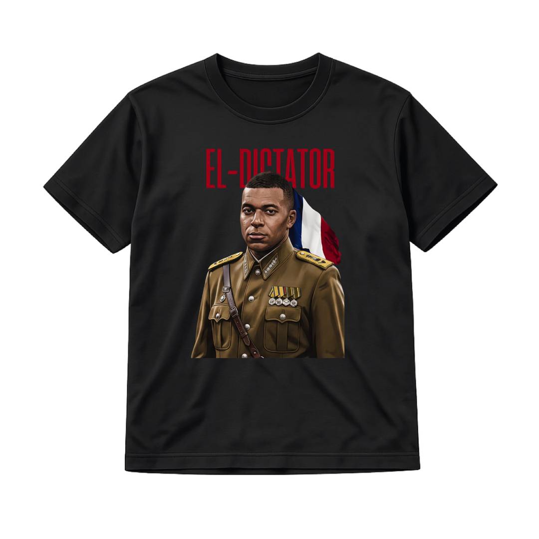 Adults El Dictator Novelty Football T-Shirt | Black Cotton Tee with Cheeky Caricature Print | 100% Cotton