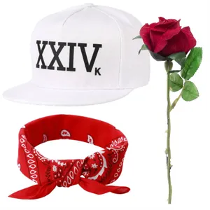 Adults Pop Star Baseball Cap Costume Set | 3 Piece Kit | XXIVk Embroidered Cap 55cm, Red Rose Flower Prop & Red Paisley Bandana