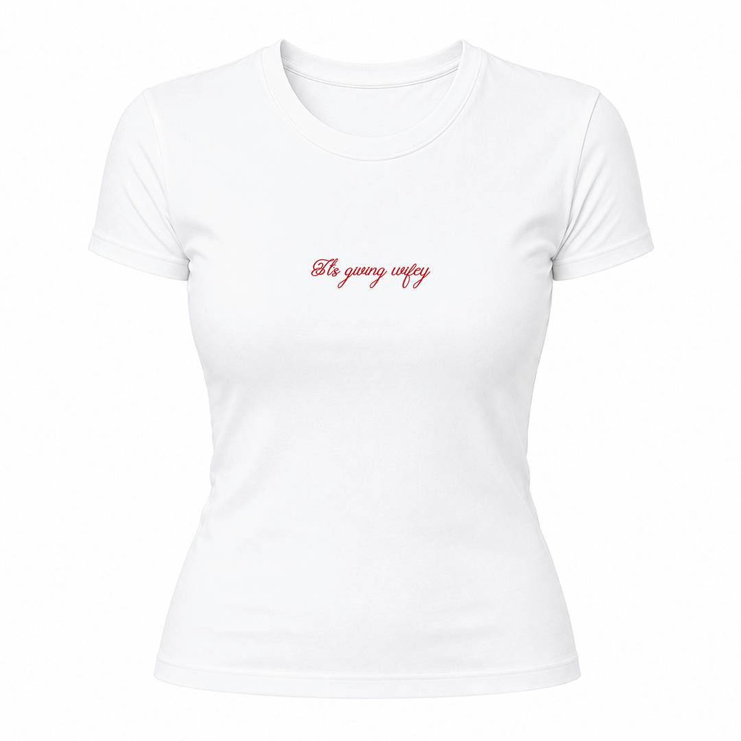 Ladies It's Giving Wifey Baby Tee | Fitted White Cropped Ladies T-Shirt | Bold Red Slogan Print for Hen Do & Bride to Be