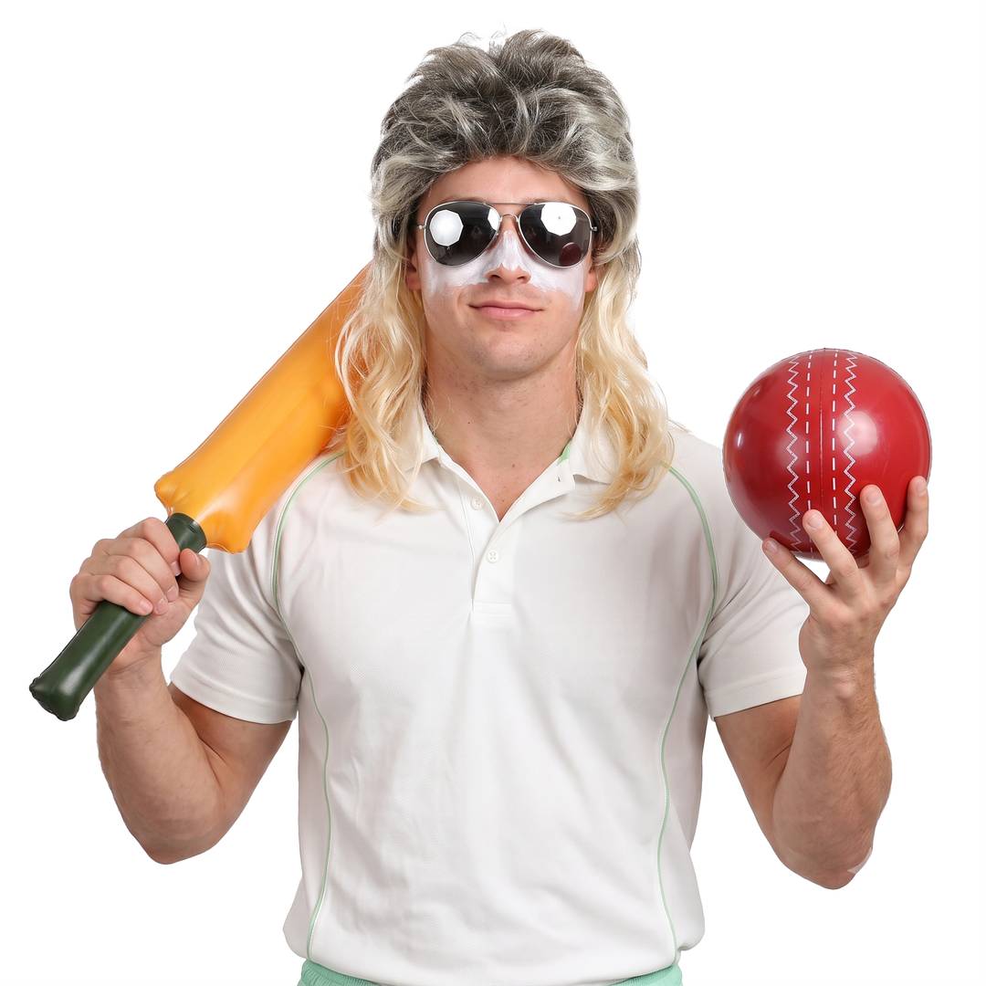 Adults Australian Cricketer Costume | 5 Piece Kit | Mullet Wig, Mirrored Sunglasses, Face Paint & Inflatable Bat & Ball
