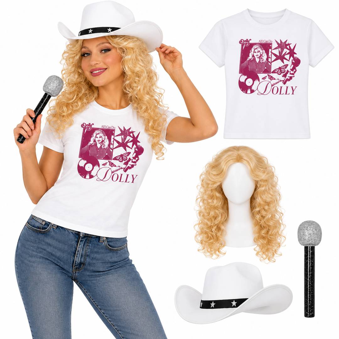 Country Singer Fancy Dress Set | Pink Print T-Shirt, Wig, Hat & Mic