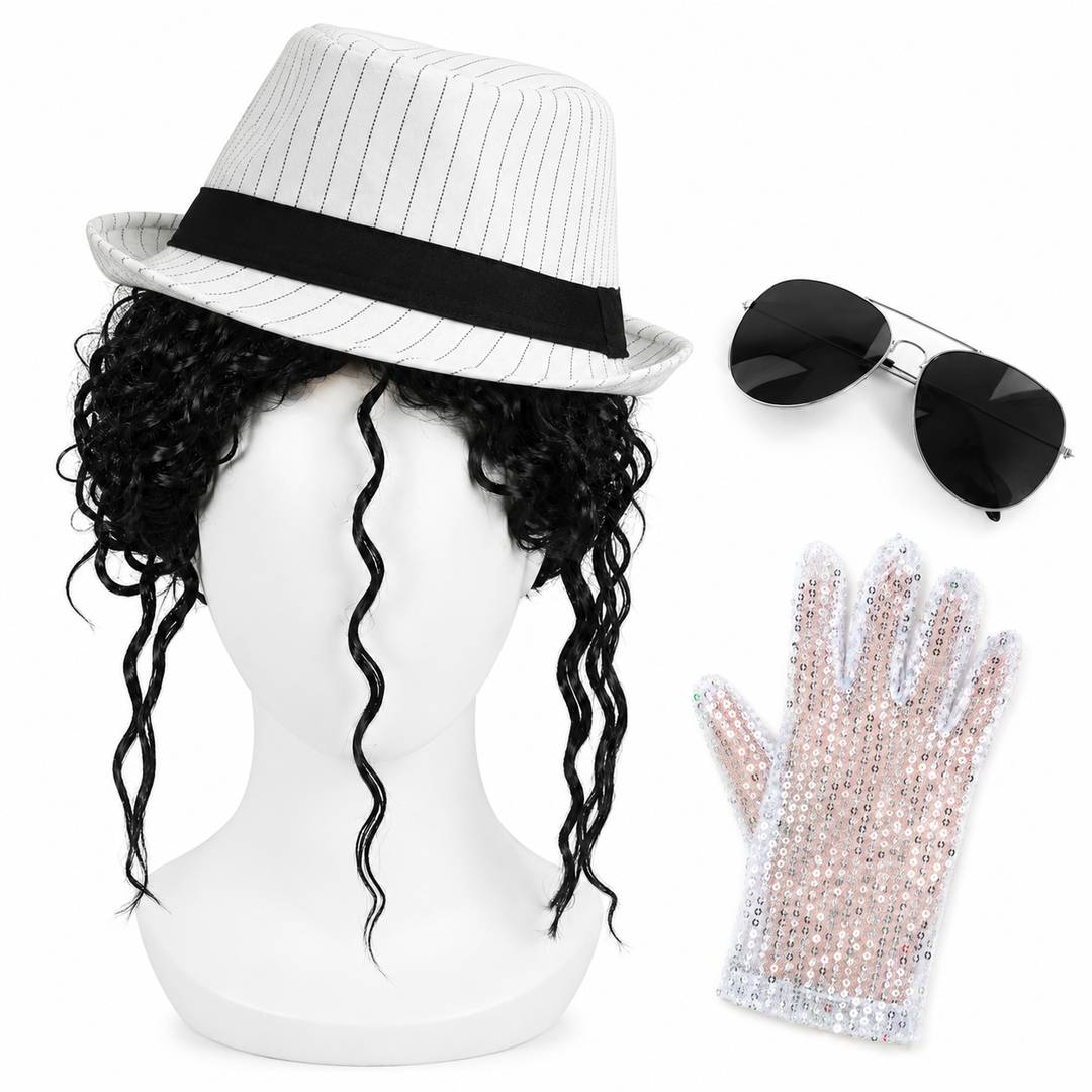 Adults King of Pop Accessory Set | Wet Look Wig Hat Glove Glasses