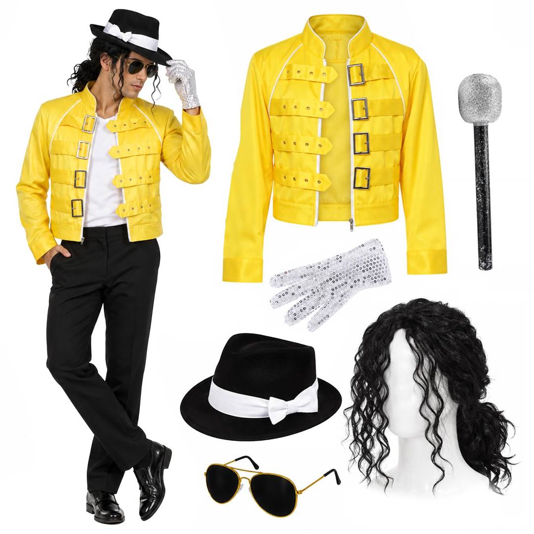 Adults 1980s Pop Star Costume Set | Yellow Jacket Wig Hat Glasses