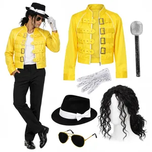 Adults 1980s Pop Star Costume Set | Yellow Jacket Wig Hat Glasses
