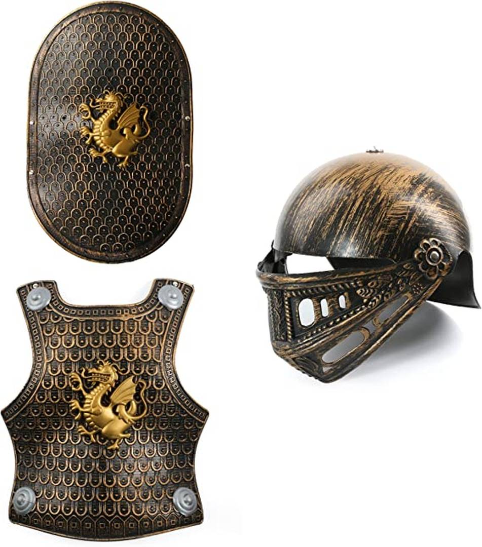 Kids Medieval Knight Armour Costume | 4pc | Bronze Dragon Breastplate Helmet Sword Shield
