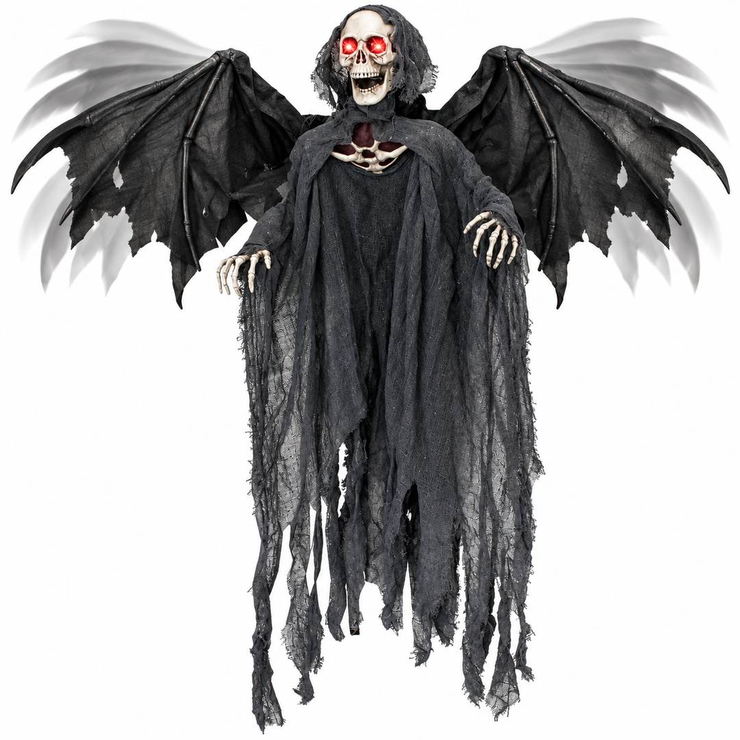 Grim Reaper Halloween Prop Animated Decoration with Wings - Red Light up Eyes & Sound Effects - Eerie Reaper with Motorised Wings and Head - Halloween Props
