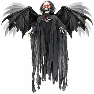 Grim Reaper Halloween Prop Animated Decoration with Wings - Red Light up Eyes & Sound Effects - Eerie Reaper with Motorised Wings and Head - Halloween Props