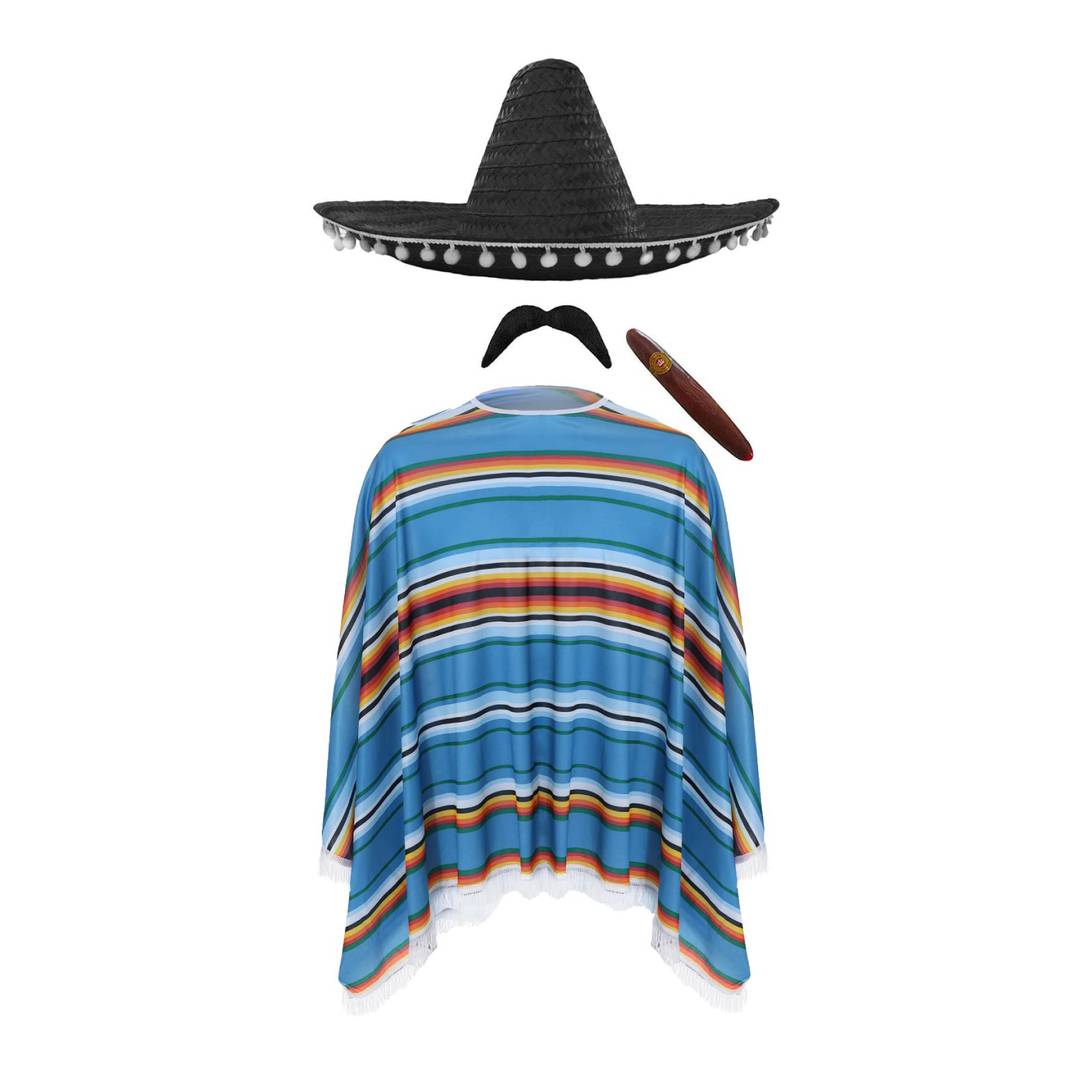 Adults Mexican Costume | 4 Piece Set with Poncho, Sombrero, Moustache & Cigar | Pom Pom Sombrero in 8 Colours